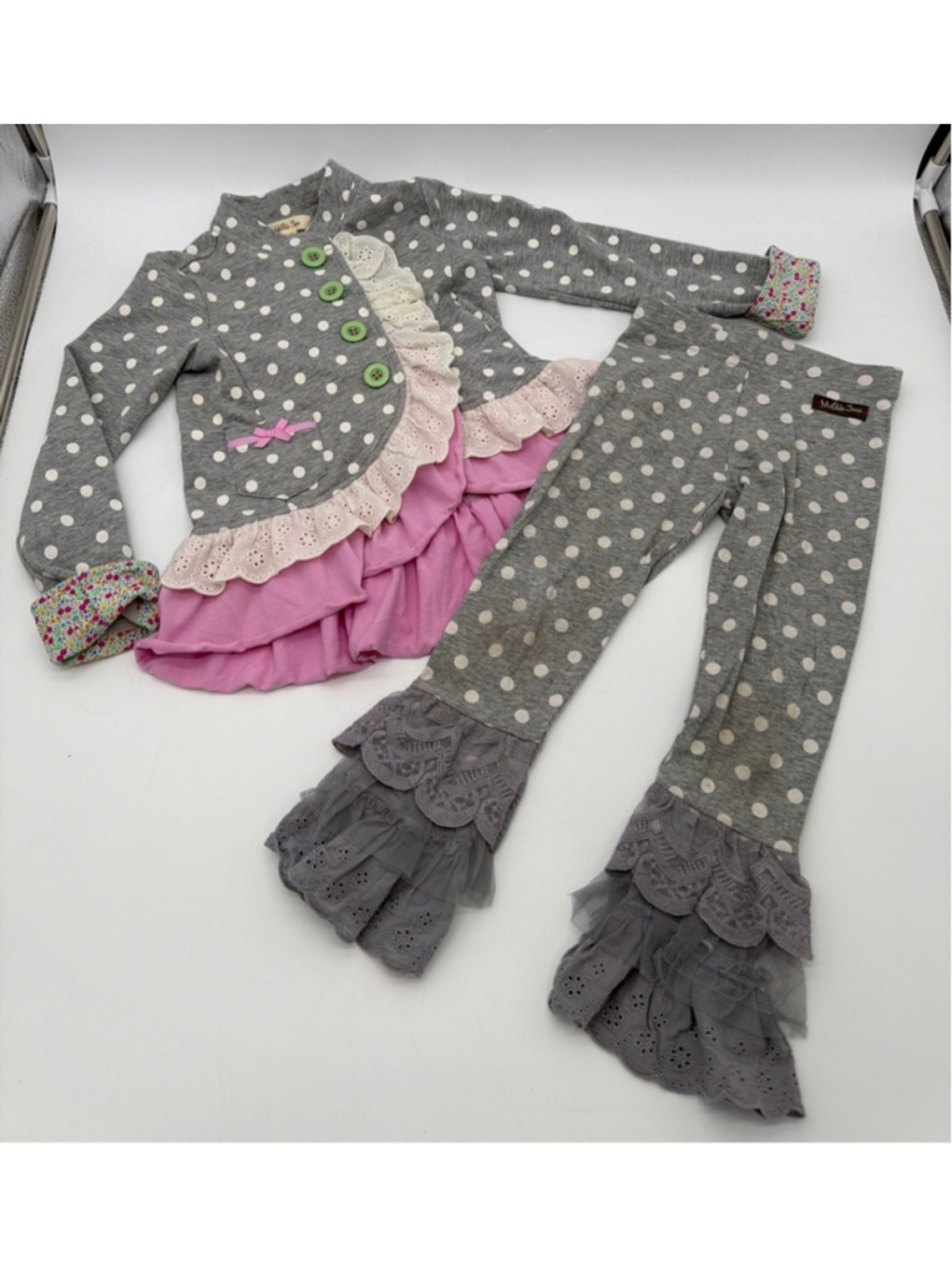 MATILDA JANE Set 4 Gray Pink Polka Dot Ruffle